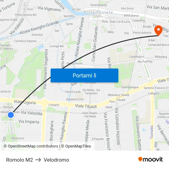 Romolo M2 to Velodromo map