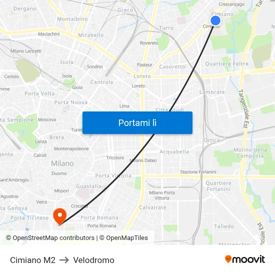 Cimiano M2 to Velodromo map