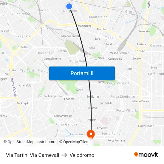 Via Tartini Via Carnevali to Velodromo map