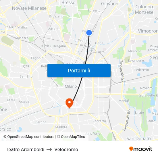 Teatro Arcimboldi to Velodromo map