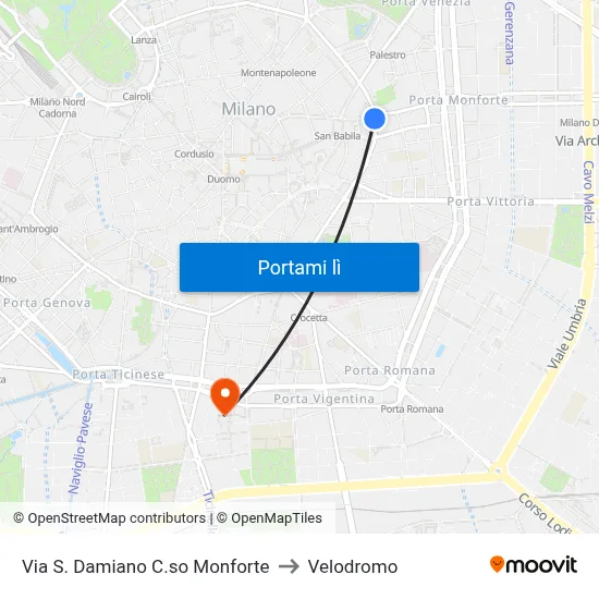 Via S. Damiano C.so Monforte to Velodromo map