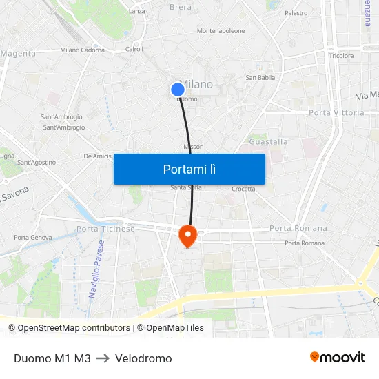 Duomo M1 M3 to Velodromo map