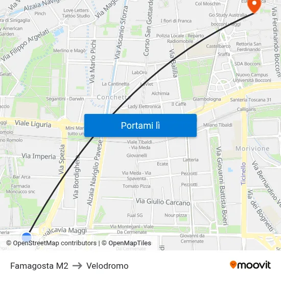 Famagosta M2 to Velodromo map
