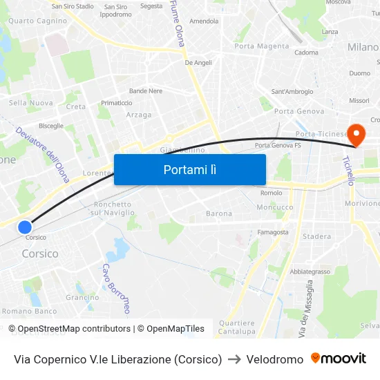 Via Copernico V.le Liberazione (Corsico) to Velodromo map
