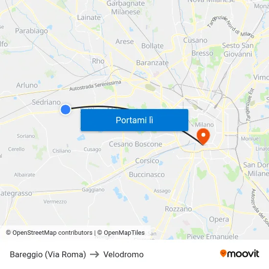 Bareggio (Via Roma) to Velodromo map