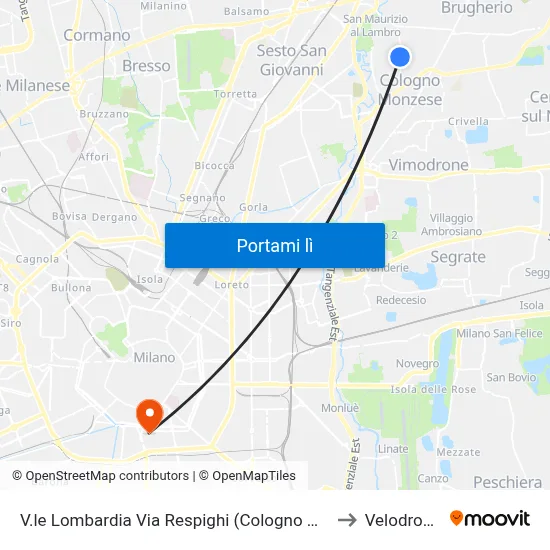 V.le Lombardia Via Respighi (Cologno M.Se) to Velodromo map