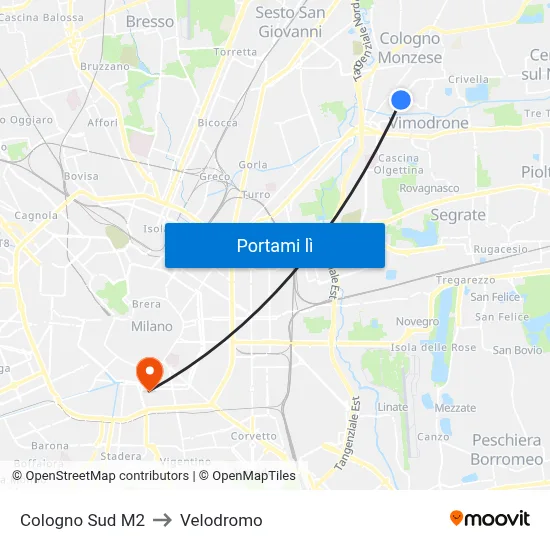 Cologno Sud M2 to Velodromo map