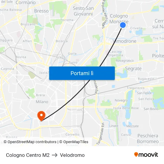 Cologno Centro M2 to Velodromo map