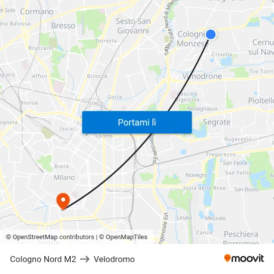Cologno Nord M2 to Velodromo map