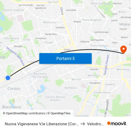 Nuova Vigevanese V.le Liberazione (Corsico) to Velodromo map
