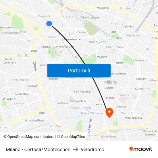 Milano -  Certosa/Monteceneri to Velodromo map