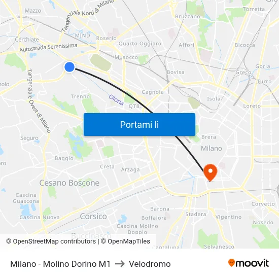 Milano -  Molino Dorino M1 to Velodromo map