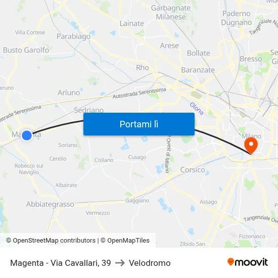 Magenta - Via Cavallari, 39 to Velodromo map