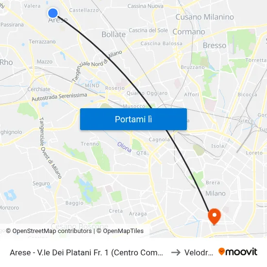 Arese - V.le Dei Platani Fr. 1 (Centro Comm. Giada - Liceo) to Velodromo map