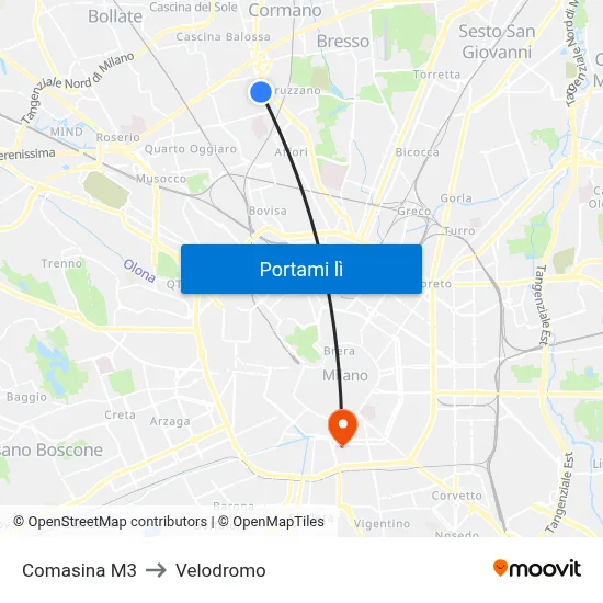 Comasina M3 to Velodromo map
