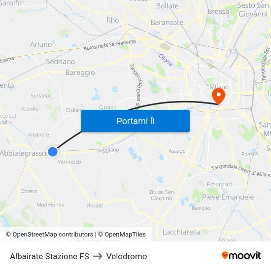 Albairate Stazione FS to Velodromo map