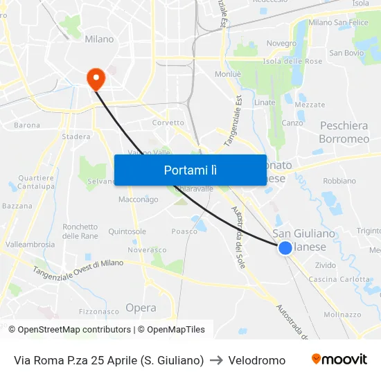 Via Roma P.za 25 Aprile (S. Giuliano) to Velodromo map