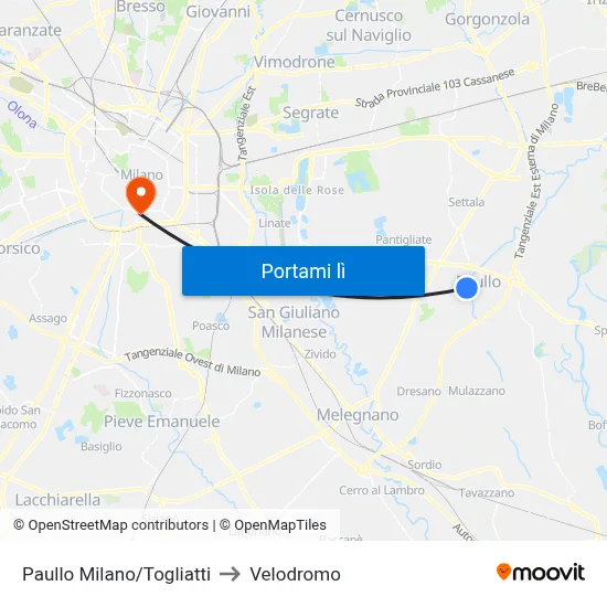 Paullo Milano/Togliatti to Velodromo map