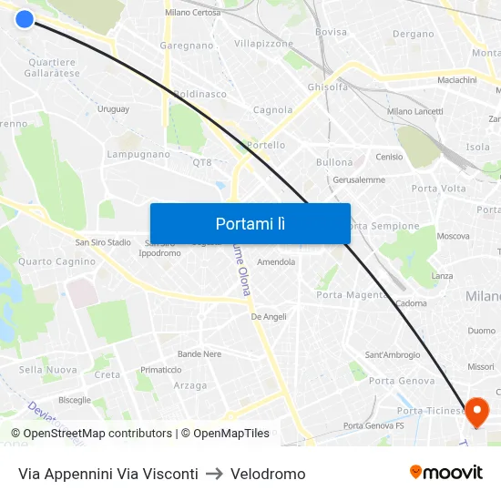 Via Appennini Via Visconti to Velodromo map