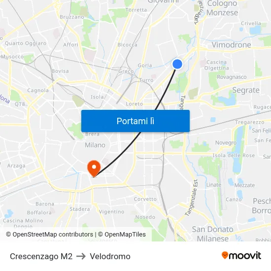 Crescenzago M2 to Velodromo map