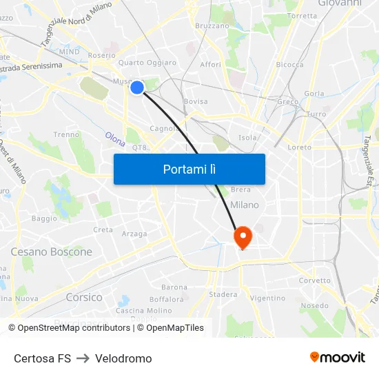 Certosa FS to Velodromo map