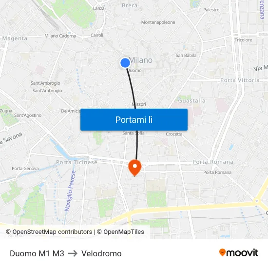 Duomo M1 M3 to Velodromo map