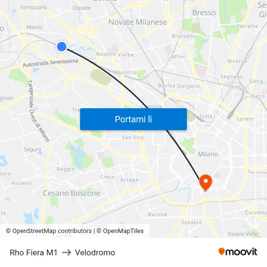 Rho Fiera M1 to Velodromo map