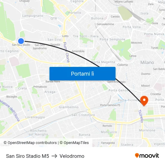 San Siro Stadio M5 to Velodromo map