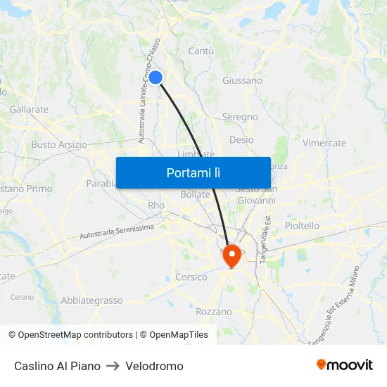 Caslino Al Piano to Velodromo map