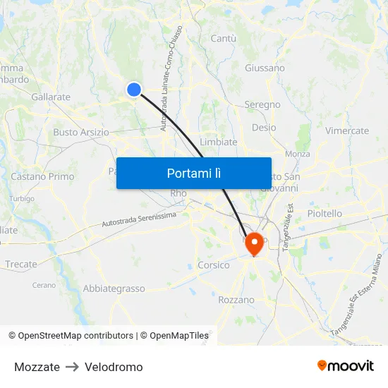 Mozzate to Velodromo map
