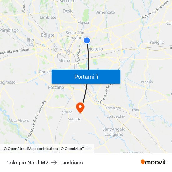 Cologno Nord M2 to Landriano map