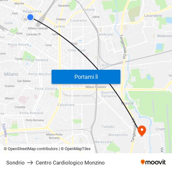 Sondrio to Centro Cardiologico Monzino map