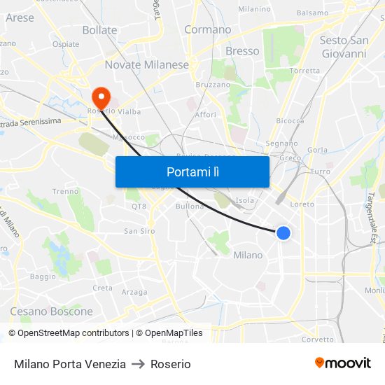 Milano Porta Venezia to Roserio map