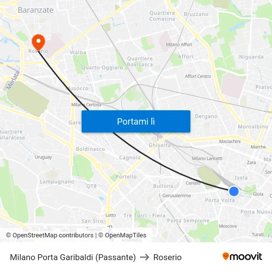 Milano Porta Garibaldi (Passante) to Roserio map