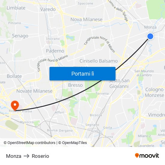 Monza to Roserio map