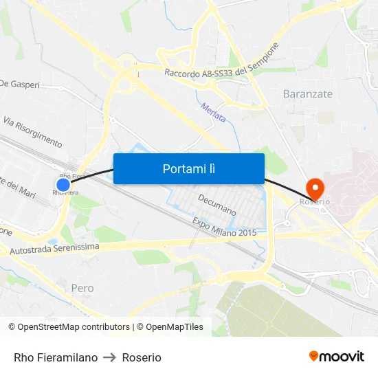 Rho Fieramilano to Roserio map