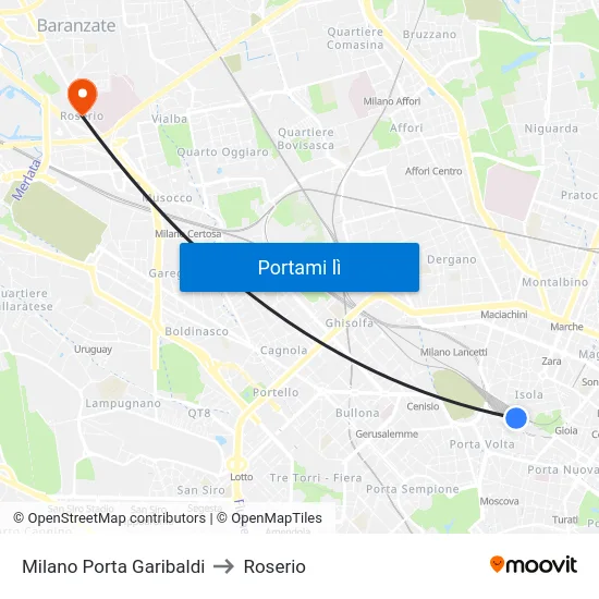 Milano Porta Garibaldi to Roserio map