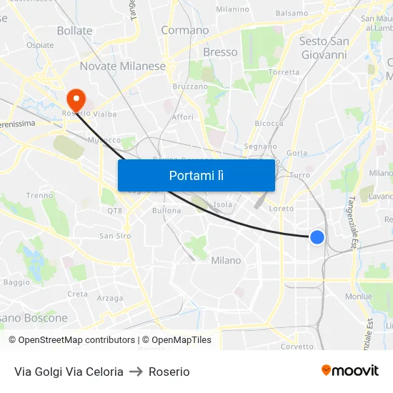 Via Golgi Via Celoria to Roserio map