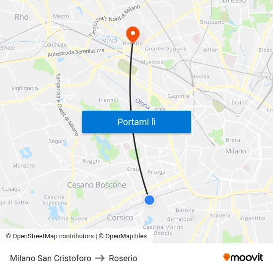 Milano San Cristoforo to Roserio map