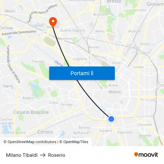 Milano Tibaldi to Roserio map