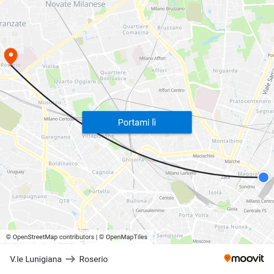 V.le Lunigiana to Roserio map