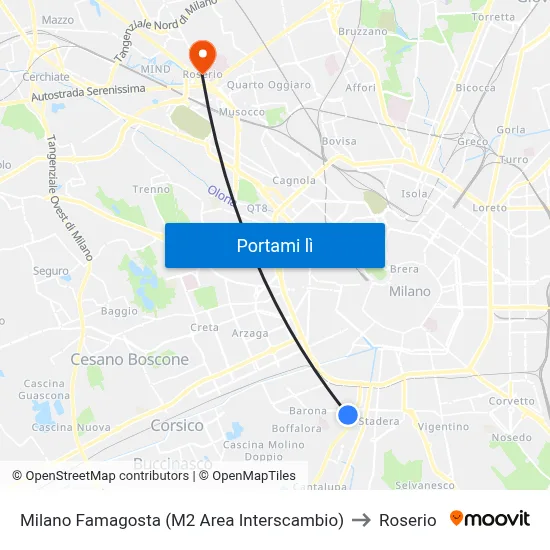 Milano Famagosta (M2 Area Interscambio) to Roserio map