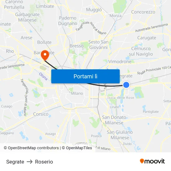 Segrate to Roserio map