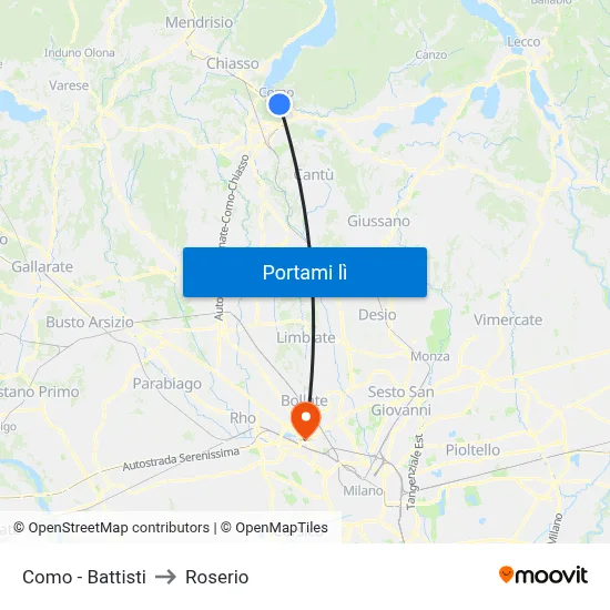 Como - Battisti to Roserio map