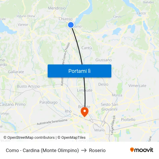 Como - Cardina (Monte Olimpino) to Roserio map