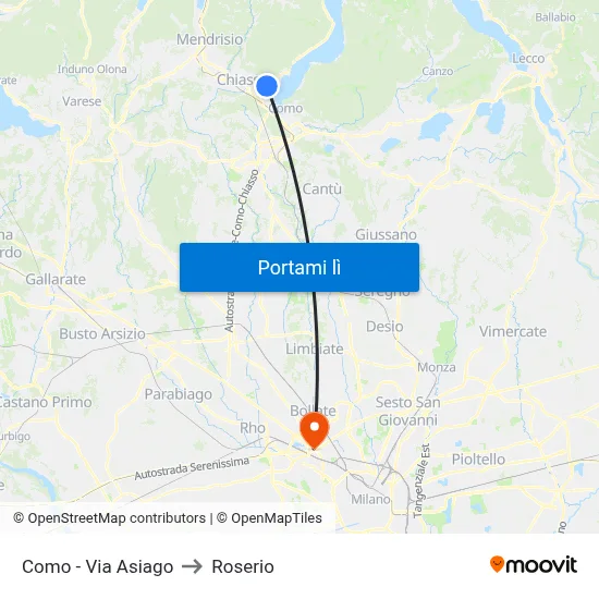 Como - Via Asiago to Roserio map