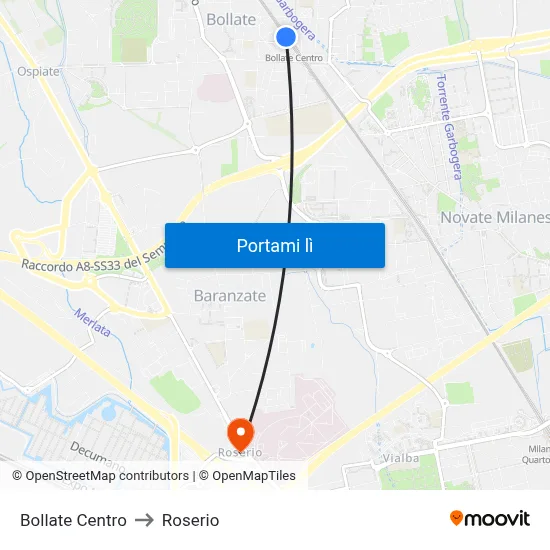 Bollate Centro to Roserio map
