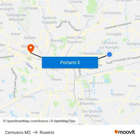 Cernusco M2 to Roserio map