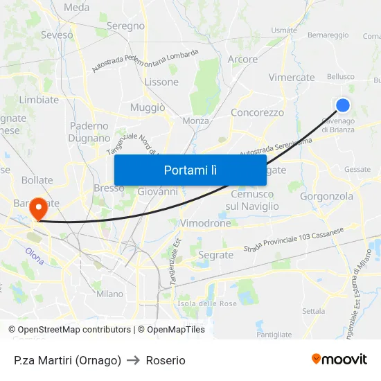 P.za Martiri (Ornago) to Roserio map