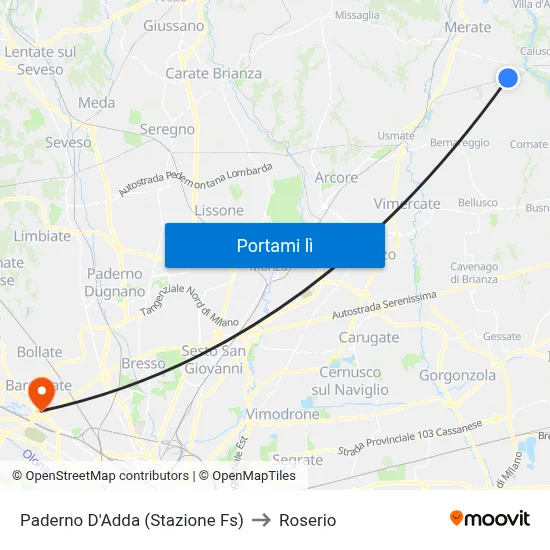 Paderno D'Adda (Stazione Fs) to Roserio map